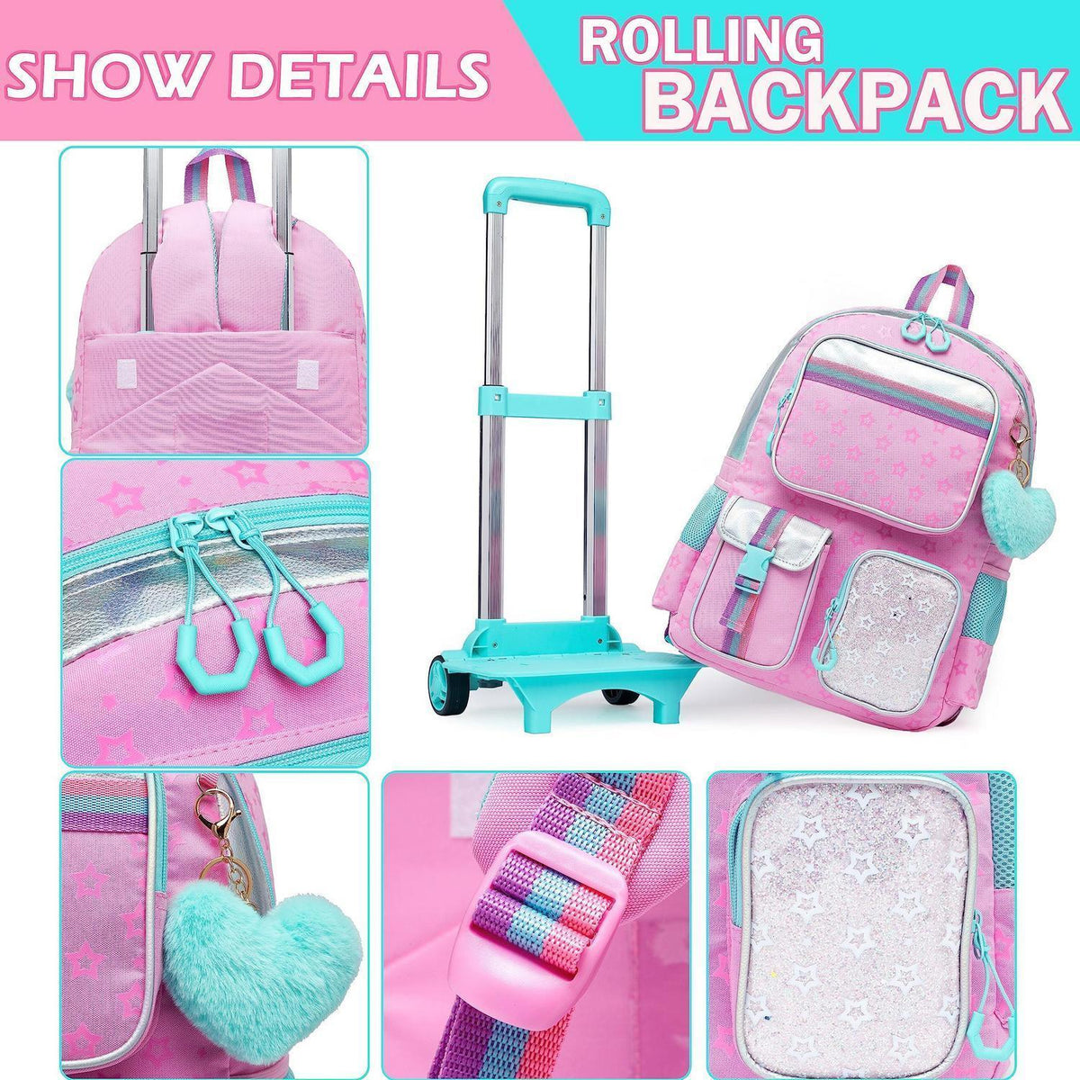 Rollrucksack für Mädchen mit Rädern – 17 Zoll, Rosa