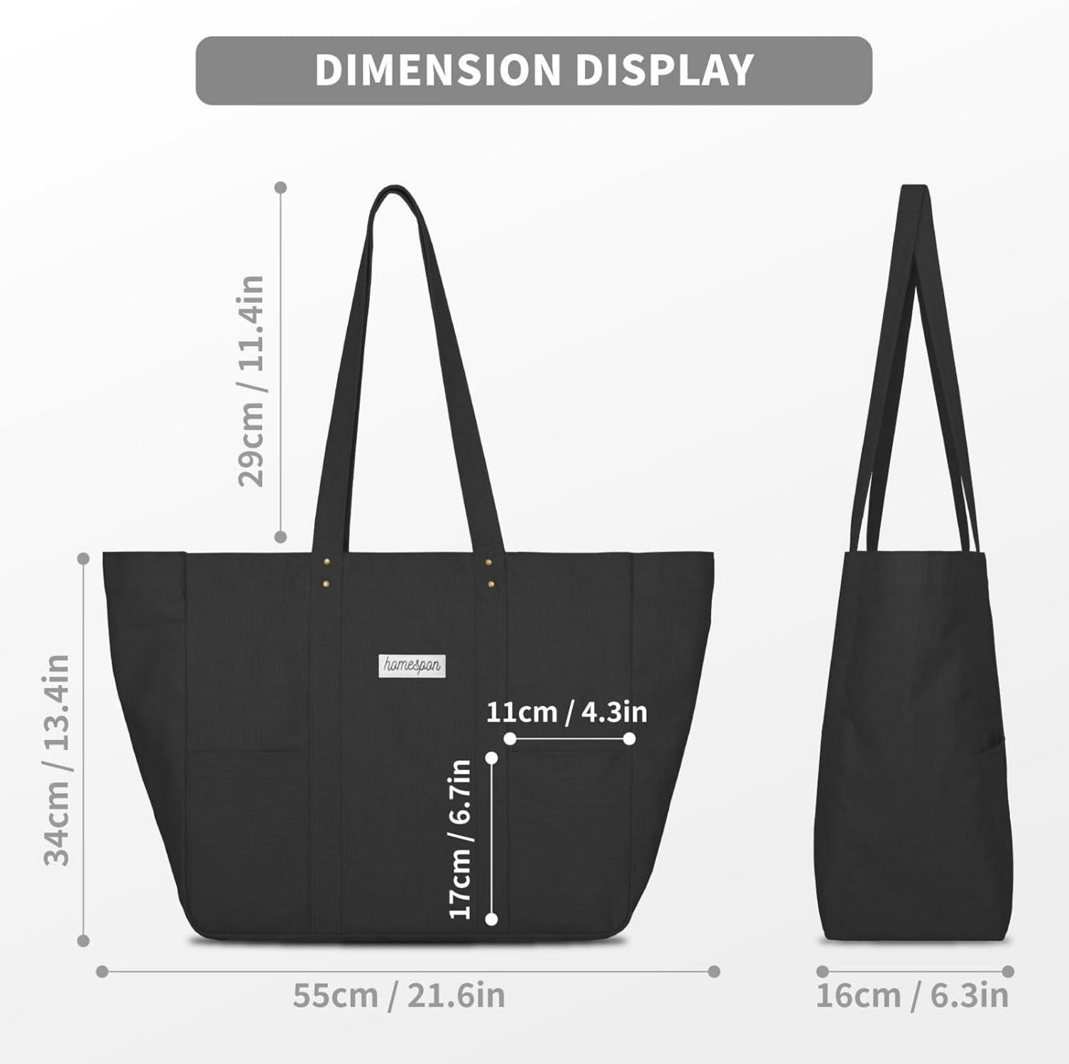 Canvas Tote Bag Damen Shopper Umhängetasche Laptop Fach Schwarz