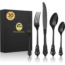 30-teiliges Besteckset Schwarz Matt, Edelstahl, Geprägte Griffe