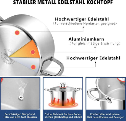 Premium 3-Lagiger Edelstahl Kochtopf 20cm mit Glasdeckel 3,3L