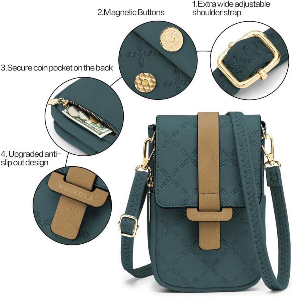Handytasche Damen RFID Umhängetasche Große Kapazität Vegan Leder Blau