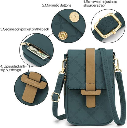 Handytasche Damen RFID Umhängetasche Große Kapazität Vegan Leder Blau
