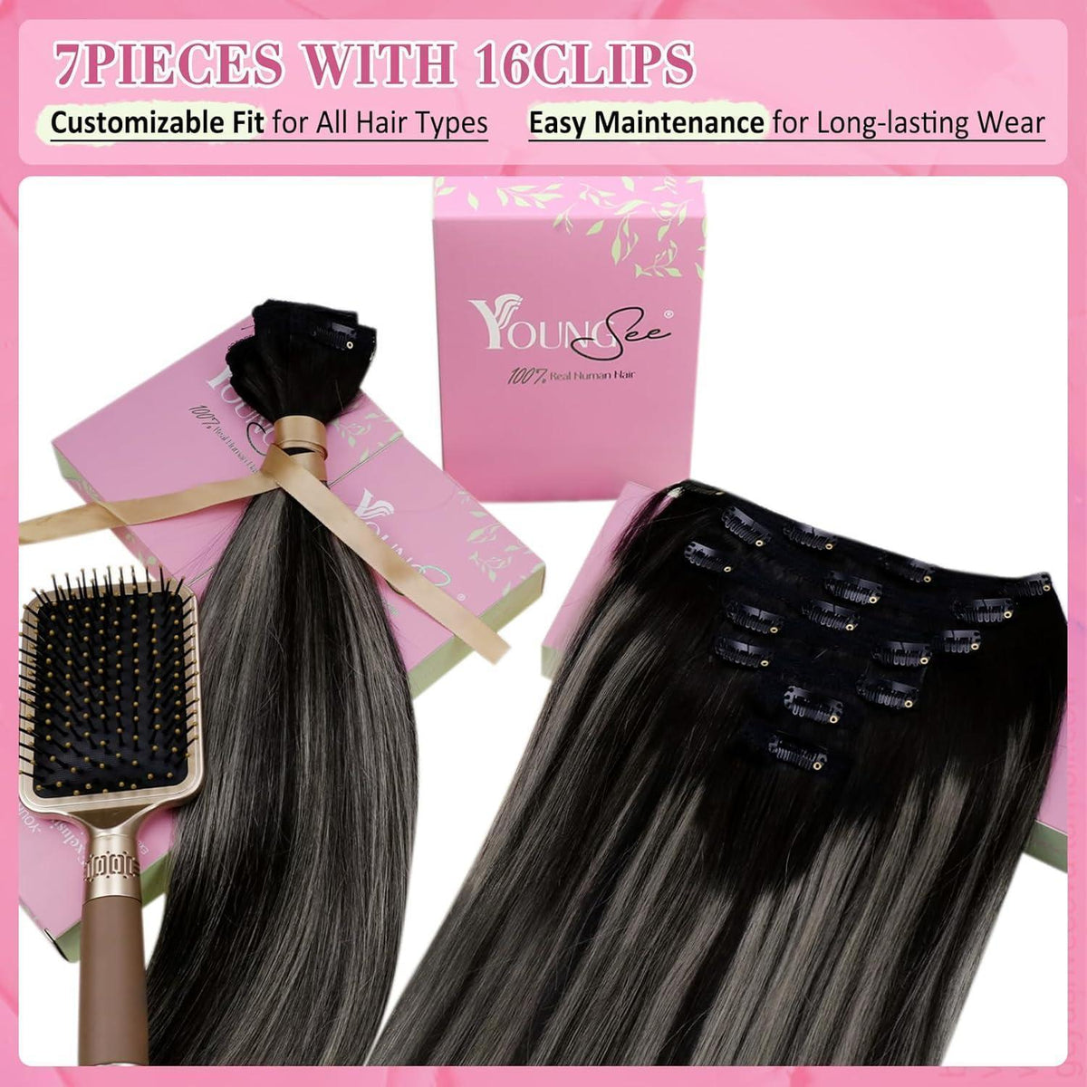 Clip-in Echthaar Extensions Ombre Schwarz Silber 55cm