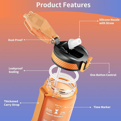 Trinkflasche 800ML BPA-frei Tritan Strohhalm Zeitmarkierung Orange Blau