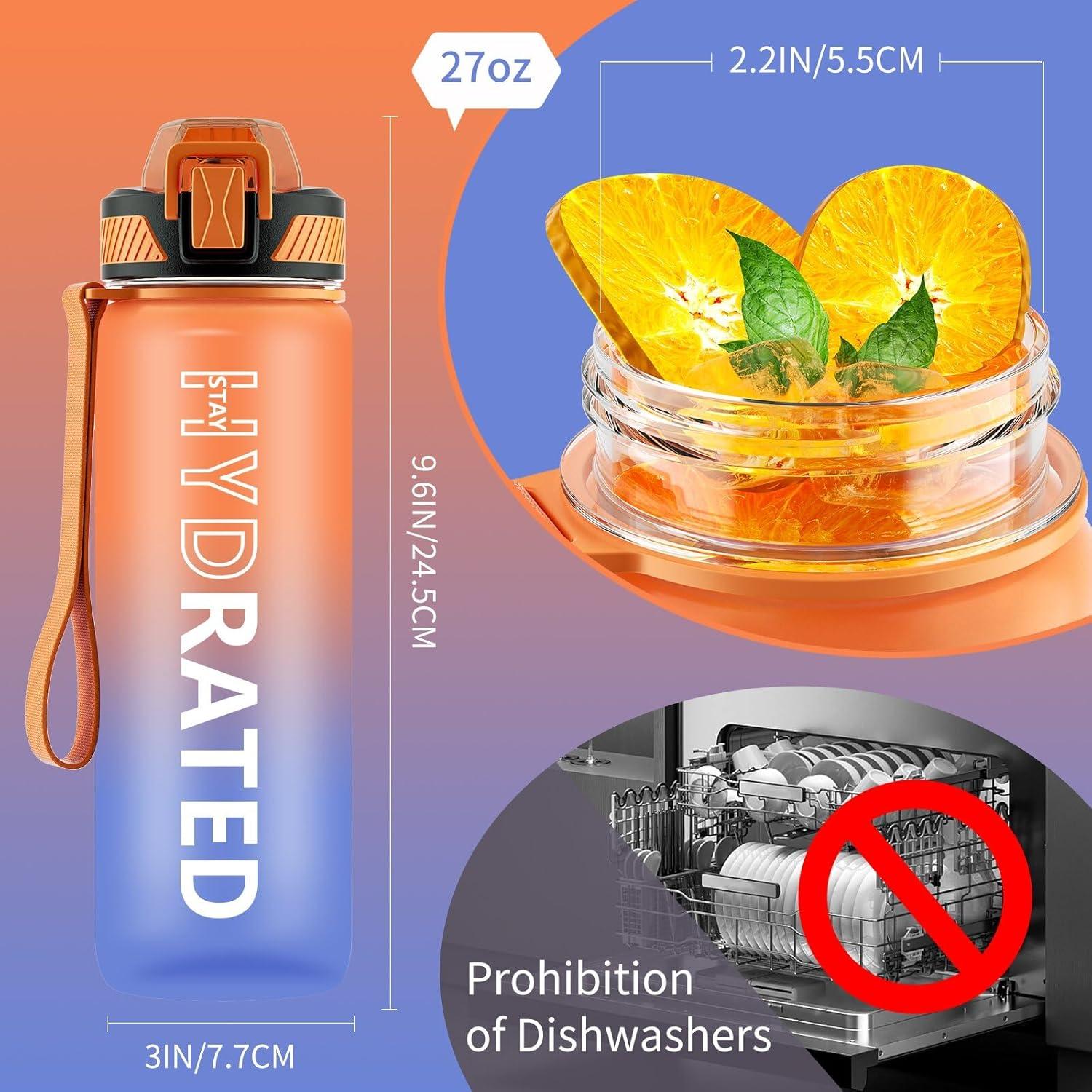 Trinkflasche 800ml BPA-frei mit Strohhalm & Zeitmarkierung Blau Orange