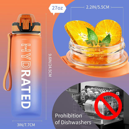 Trinkflasche 800ml BPA-frei mit Strohhalm & Zeitmarkierung Blau Orange