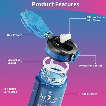 QLUR Trinkflasche 750ML BPA-Frei Strohhalm Zeitmarkierung Sportflasche