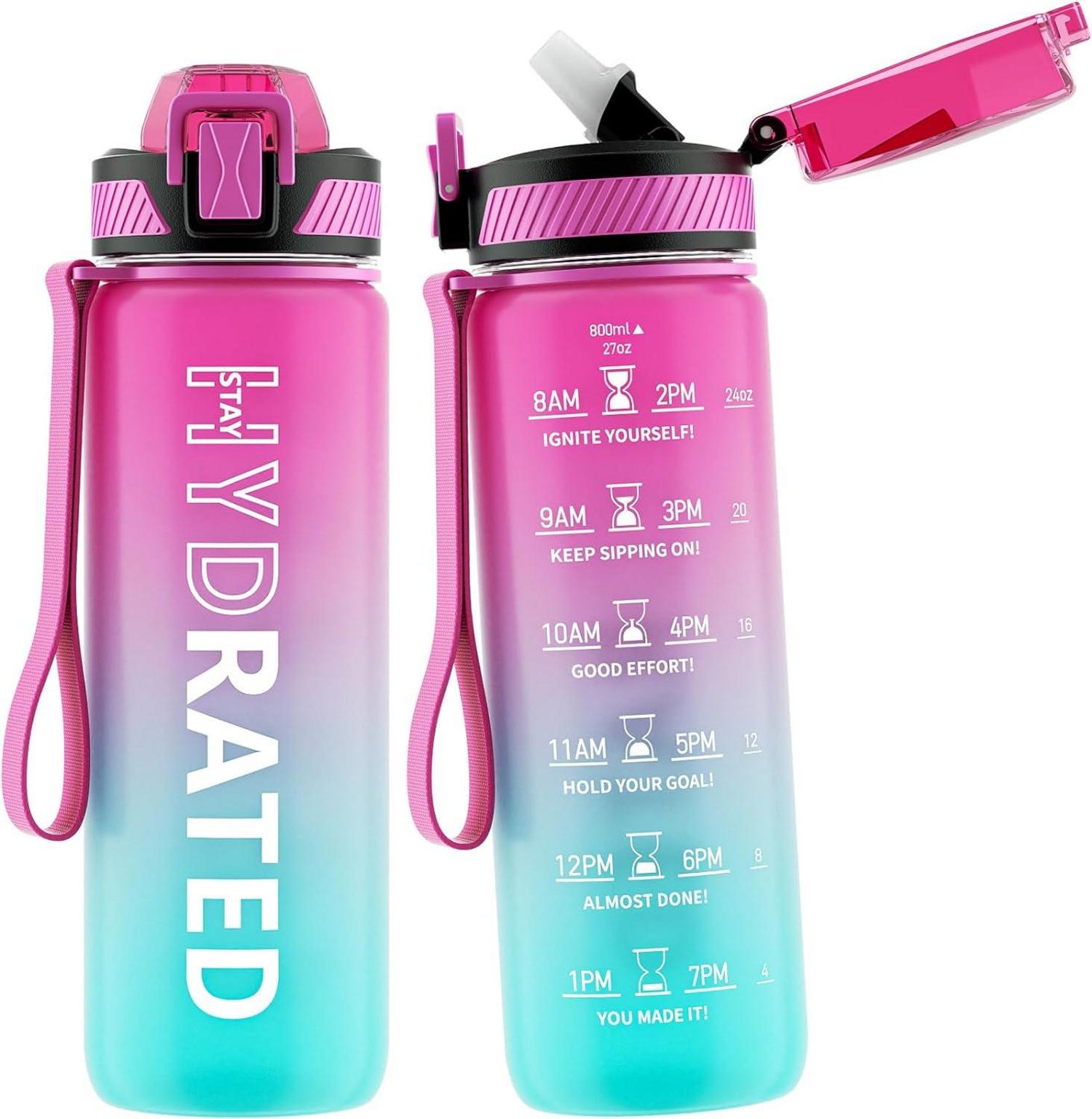 Trinkflasche 800ML BPA-frei mit Strohhalm, Zeitmarkierung, Bürste