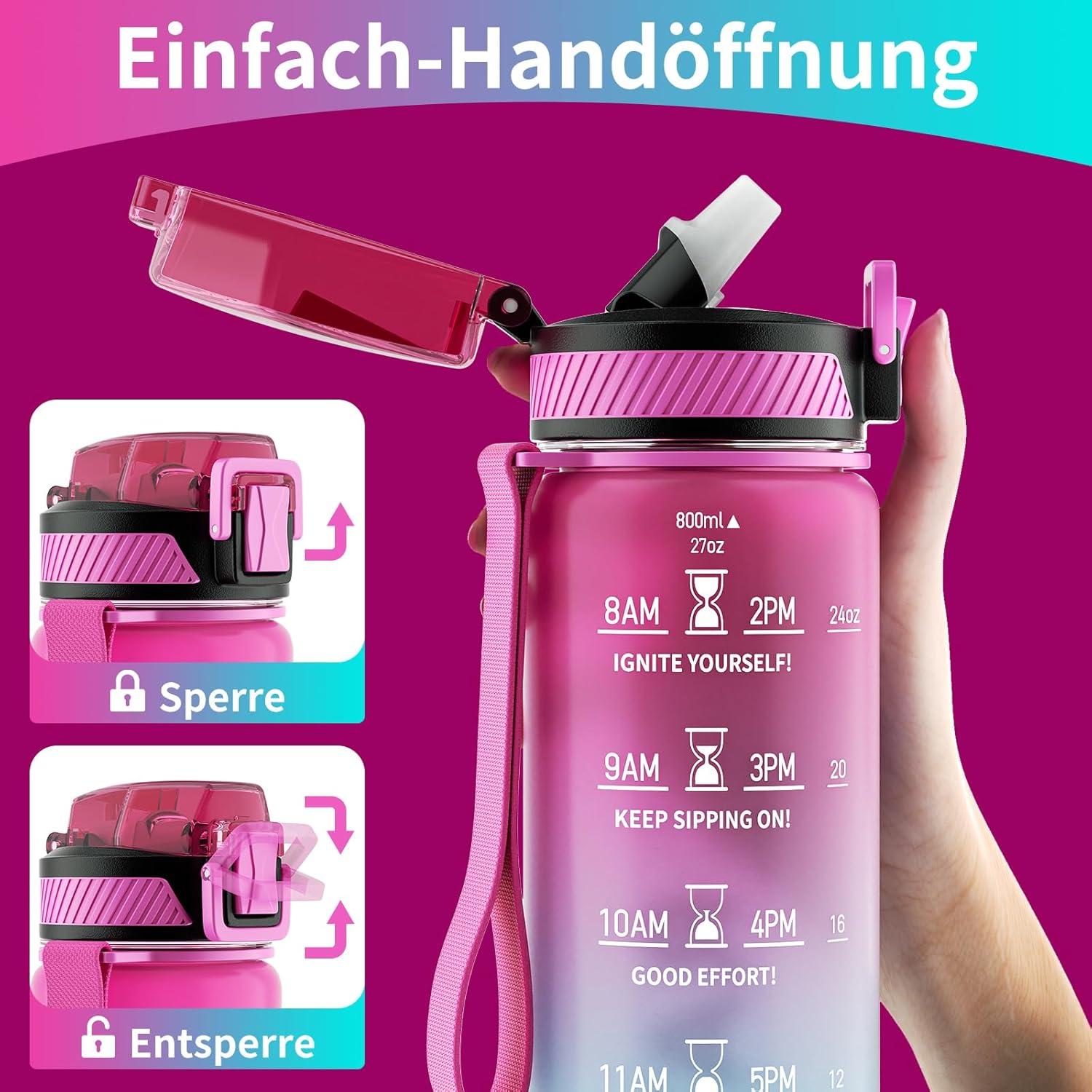 Trinkflasche 800ML BPA-frei mit Strohhalm, Zeitmarkierung, Bürste