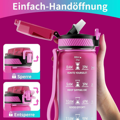 Trinkflasche 800ML BPA-frei mit Strohhalm, Zeitmarkierung, Bürste