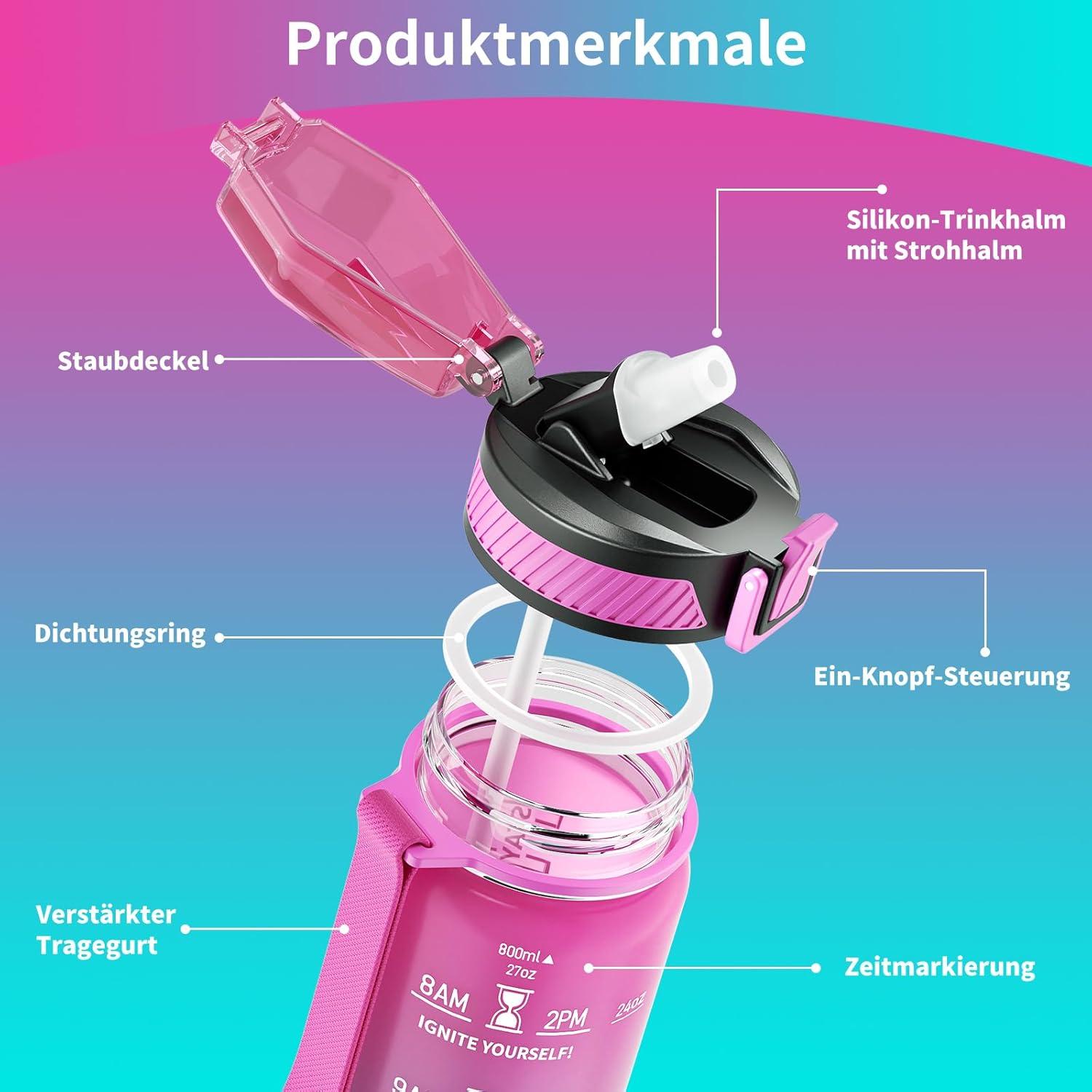 QLUR Trinkflasche 800ML BPA-Frei mit Strohhalm und Zeitmarkierung für Fitness