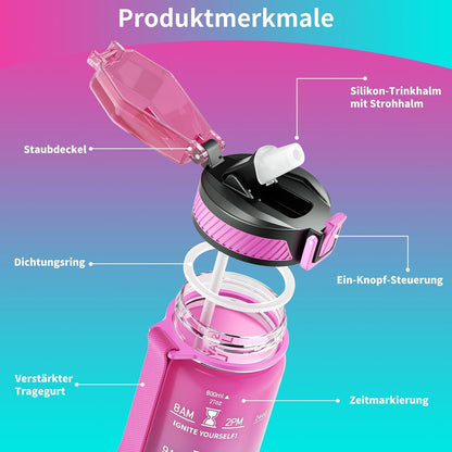 QLUR Trinkflasche 800ML BPA-Frei mit Strohhalm und Zeitmarkierung für Fitness
