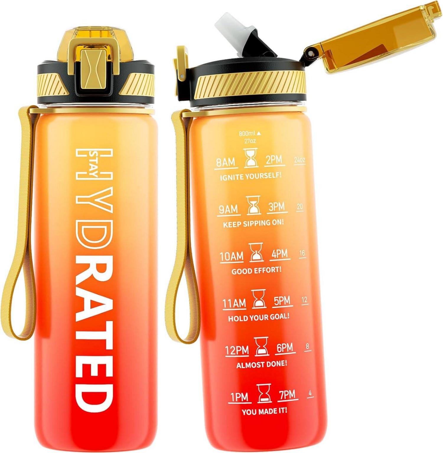Trinkflasche 800ML BPA-Frei Tritan Strohhalm Sport Zeitmarkierung Gelb