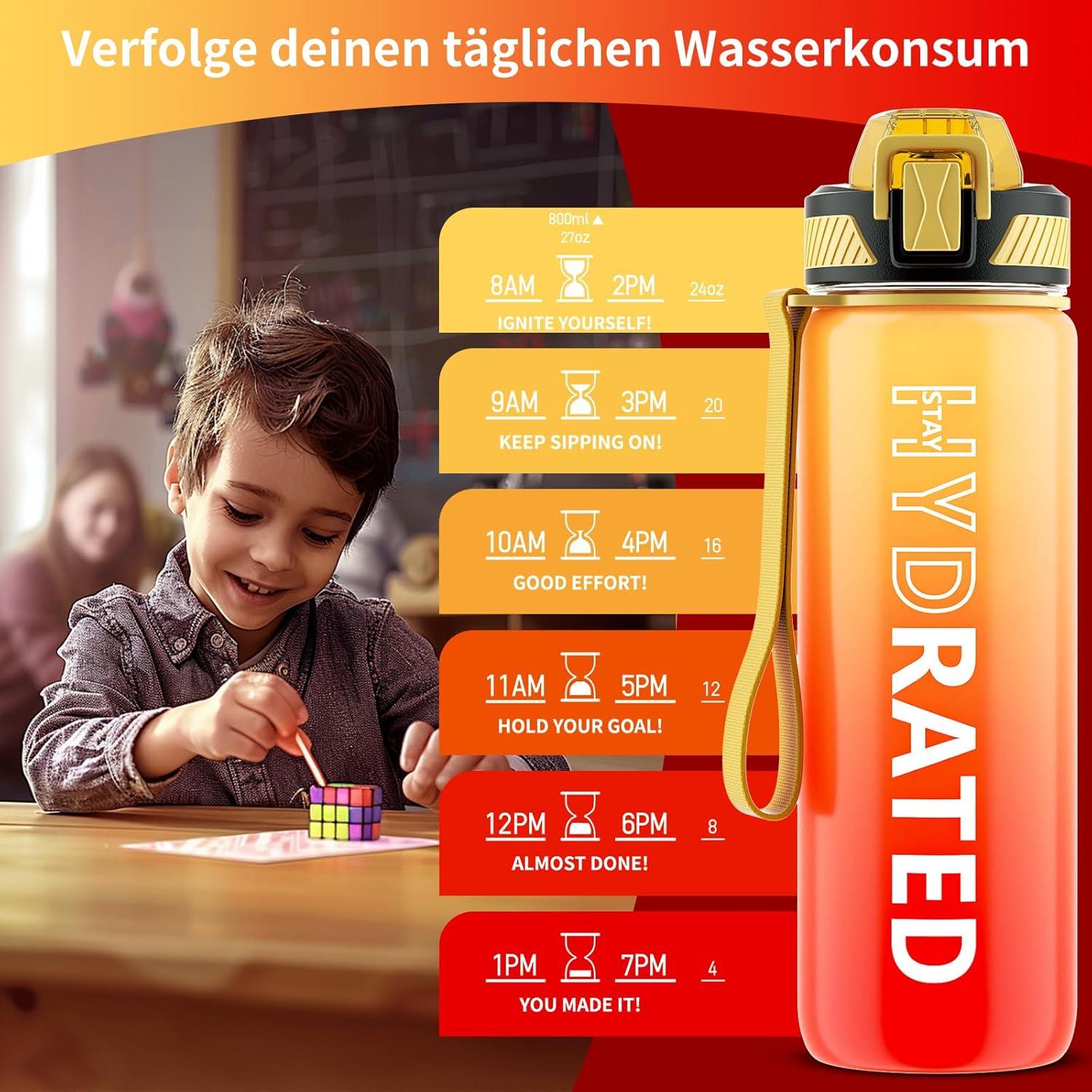 QLUR Trinkflasche 800ml BPA-Frei mit Strohhalm Gelb Rot