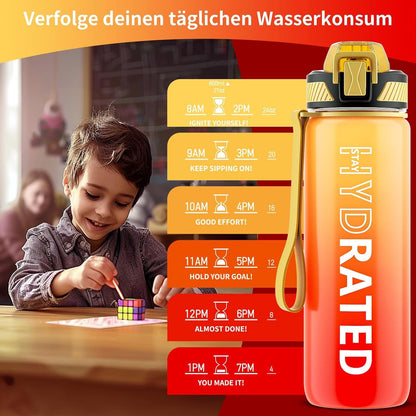 QLUR Trinkflasche 800ml BPA-Frei mit Strohhalm Gelb Rot