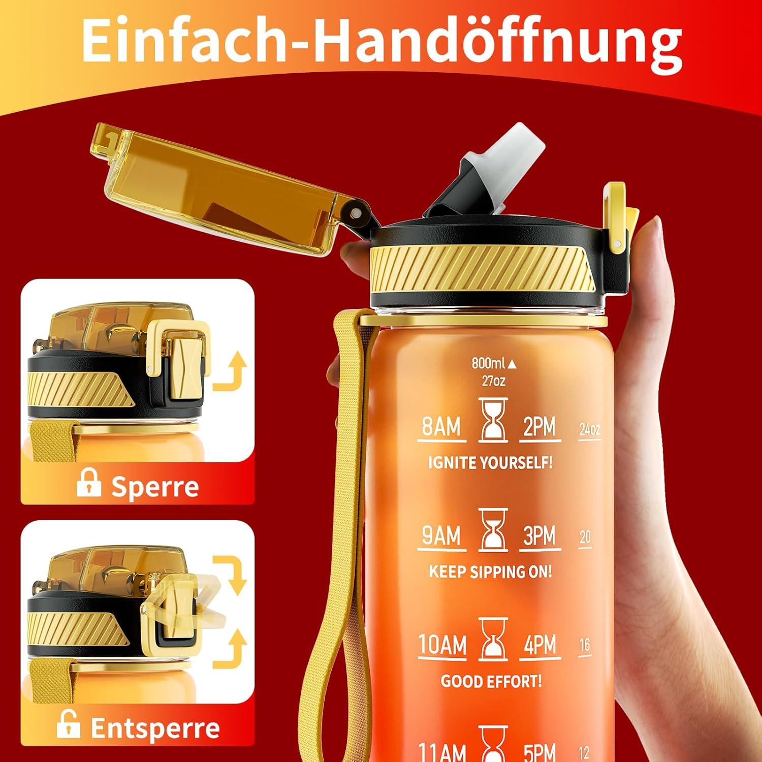 Trinkflasche 800ML BPA-Frei Tritan Strohhalm Sport Zeitmarkierung Gelb