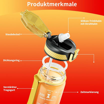 Trinkflasche 800ML BPA-Frei Tritan Strohhalm Zeitmarkierung Bürste Gelb Rot
