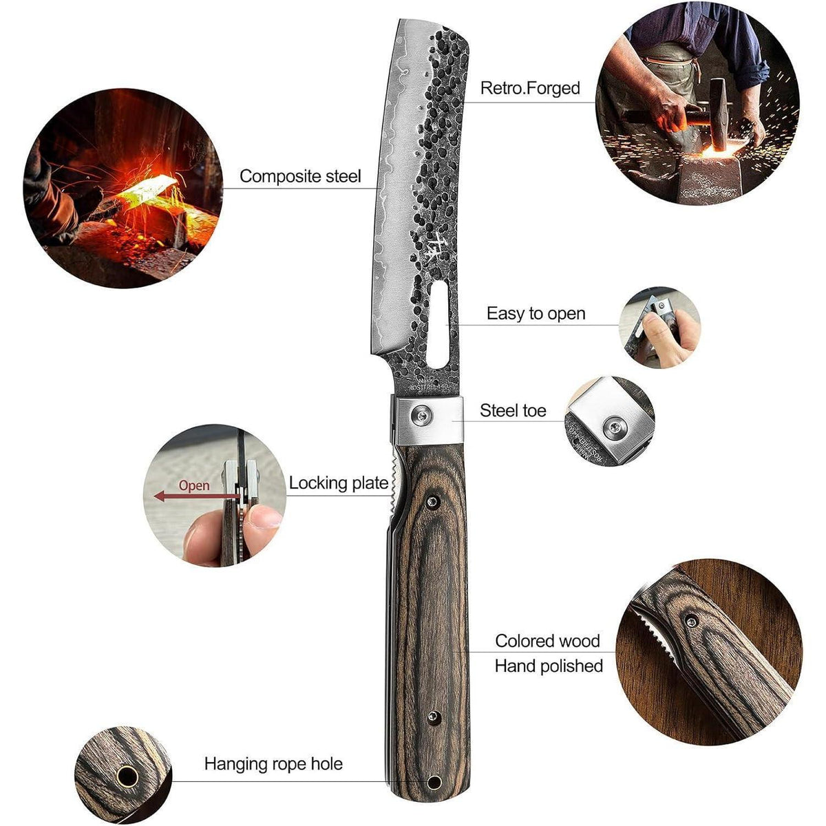 Faltbares Küchenmesser Set aus Edelstahl mit Holzgriff