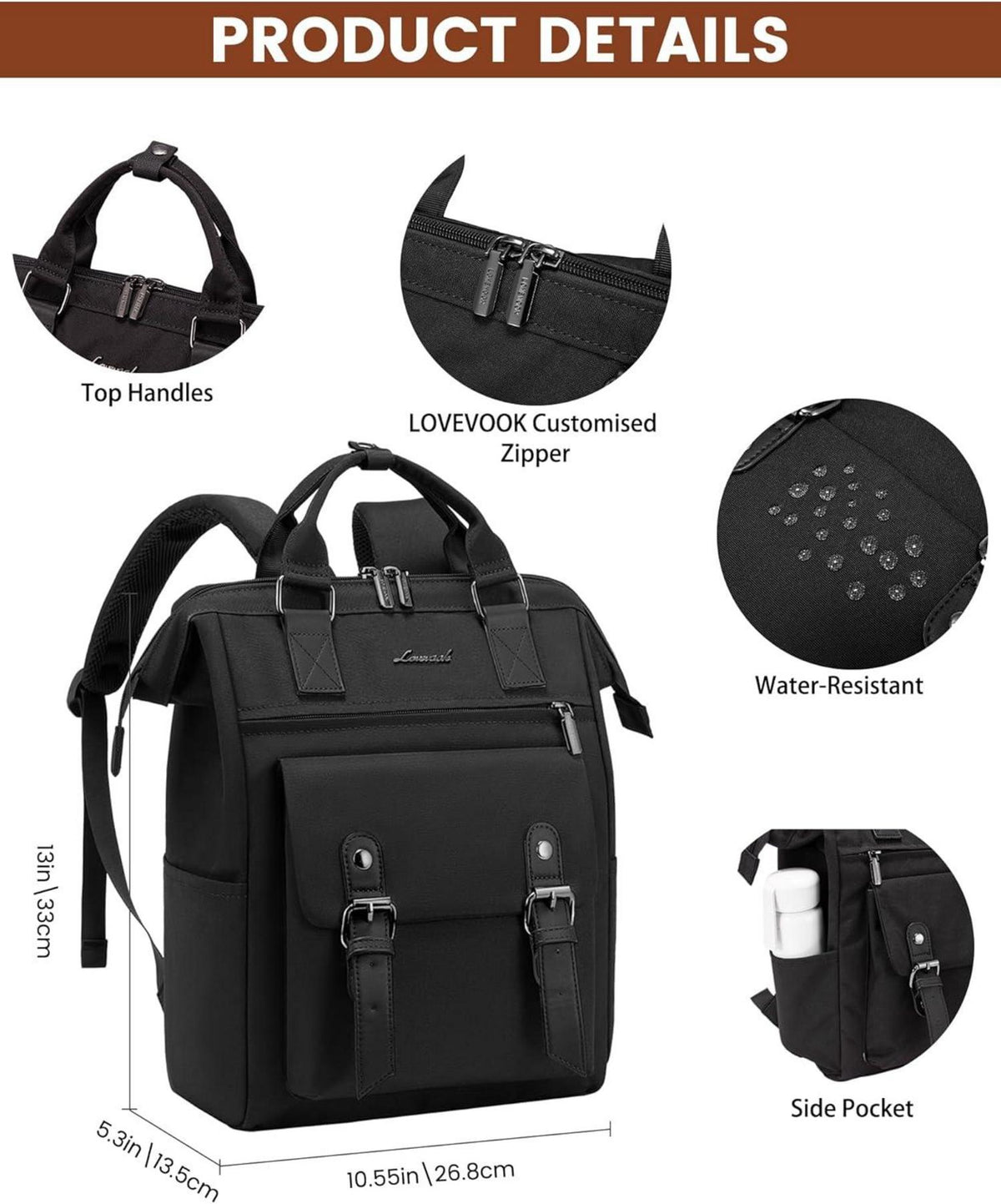 LOVEVOOK Damen Rucksack 14-Zoll Laptopfach Schwarz