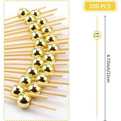 200 Cocktailspieße mit Goldperlen – Fingerfood Spieße für Party & Bar