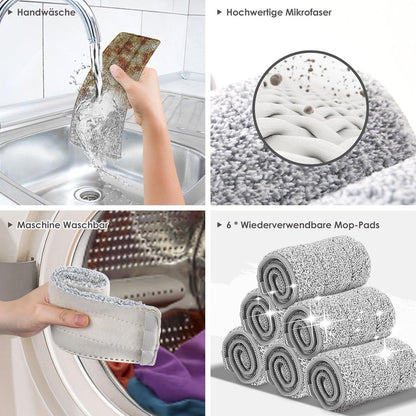 Wischmopp Set mit Eimer, 360° Flachmopp, Edelstahlgriff, 6 Mikrofaser