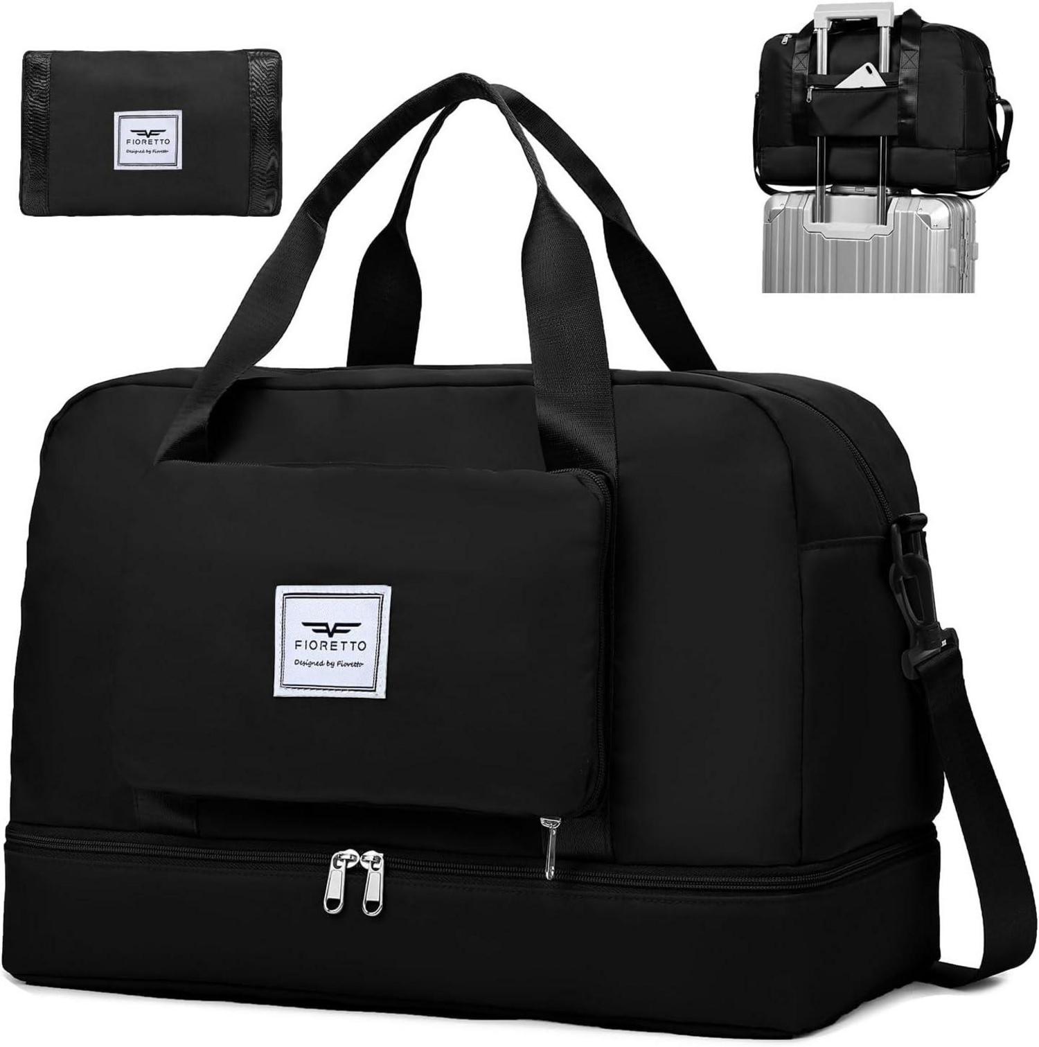 Faltbare Damen-Reisetasche mit Schuh- und Nassfach, Schwarz 45l
