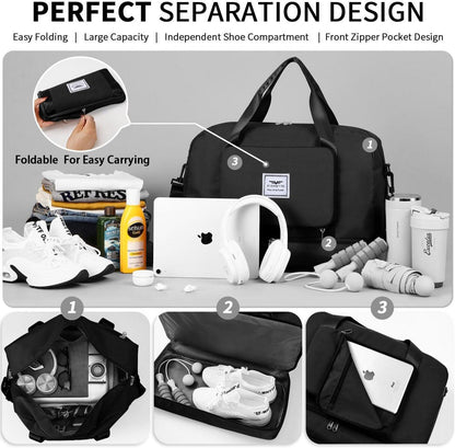 Faltbare Damen-Reisetasche mit Schuh- und Nassfach, Schwarz 45l
