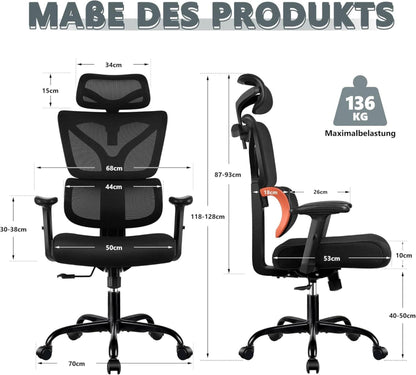 Ergonomischer Bürostuhl mit Lordosenstütze und verstellbaren