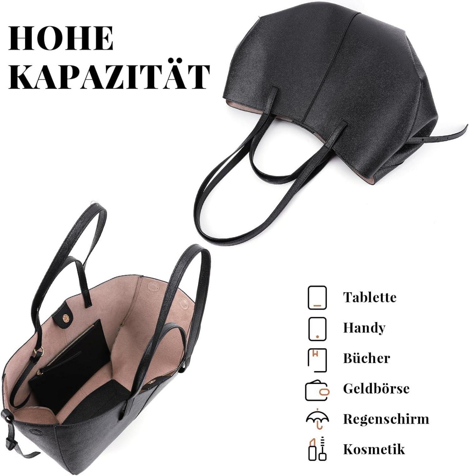 Damen Kunstleder Tote Bag Groß Shopper Schwarz Umhängetasche - Elegante
