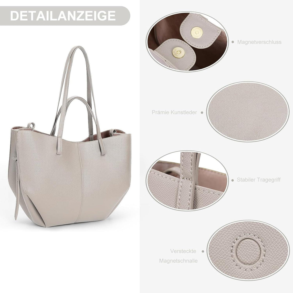 TIAASTAP Kunstleder Tote Bag Damen Groß Shopper Tasche Schultertasche Umhängetasche Grau