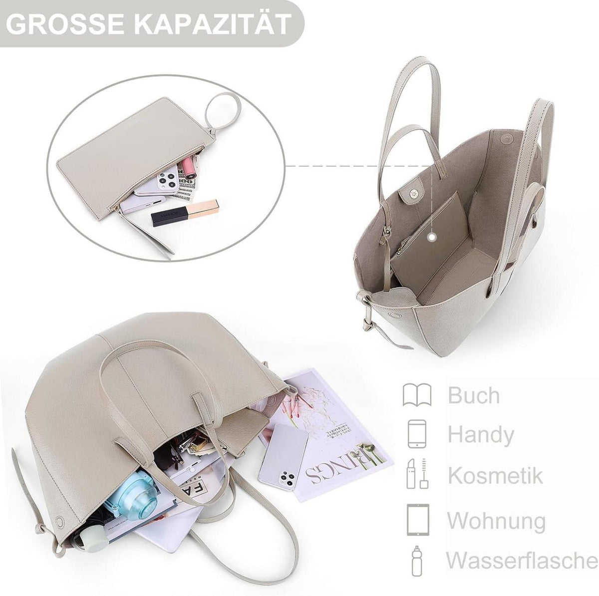 Elegante Damen Tote Bag Kunstleder groß Shopper Umhängetasche Grau