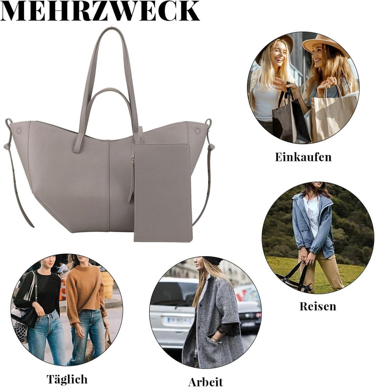 Elegante Damen Tote Bag Kunstleder groß Shopper Umhängetasche Grau