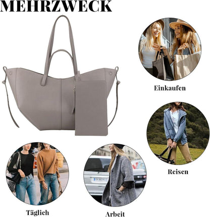 Elegante Damen Tote Bag Kunstleder groß Shopper Umhängetasche Grau