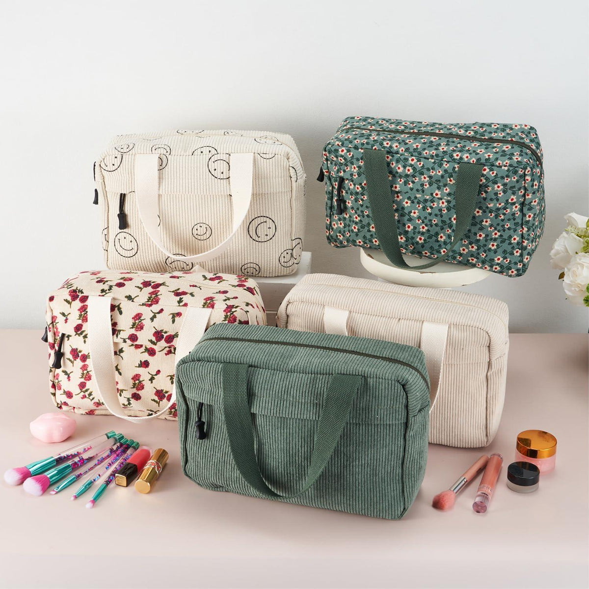 Große Cord Kosmetiktasche Damen Reise Make-up Tasche Grün