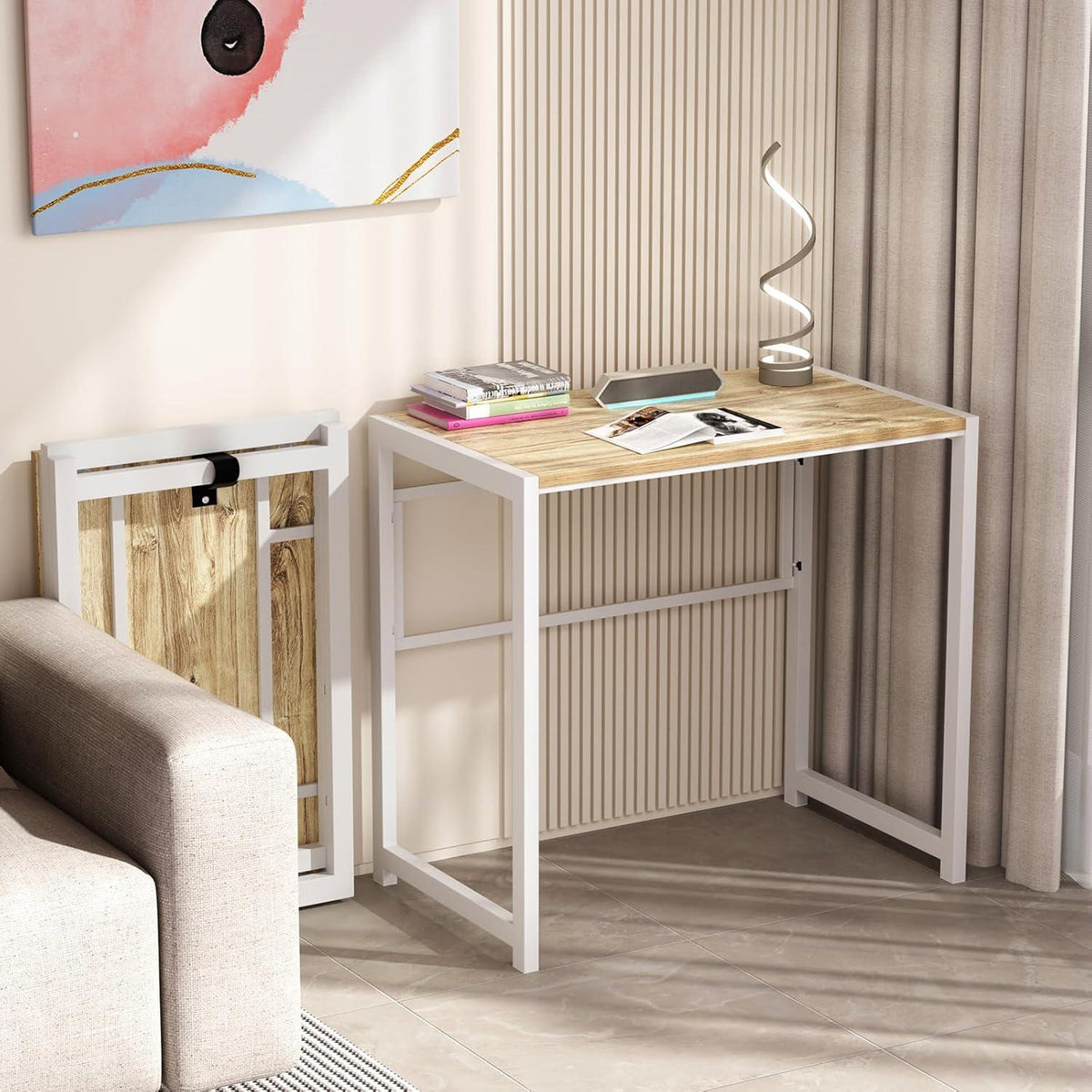 Kleiner Klappschreibtisch 80x48 cm Beige Stabil Platzsparend Home Office
