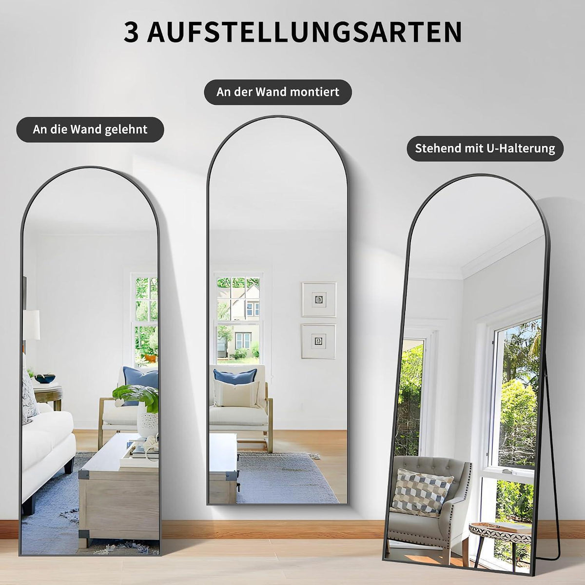 Großer Gewölbter Ganzkörperspiegel mit Aluminiumrahmen – Stehend & Hängend