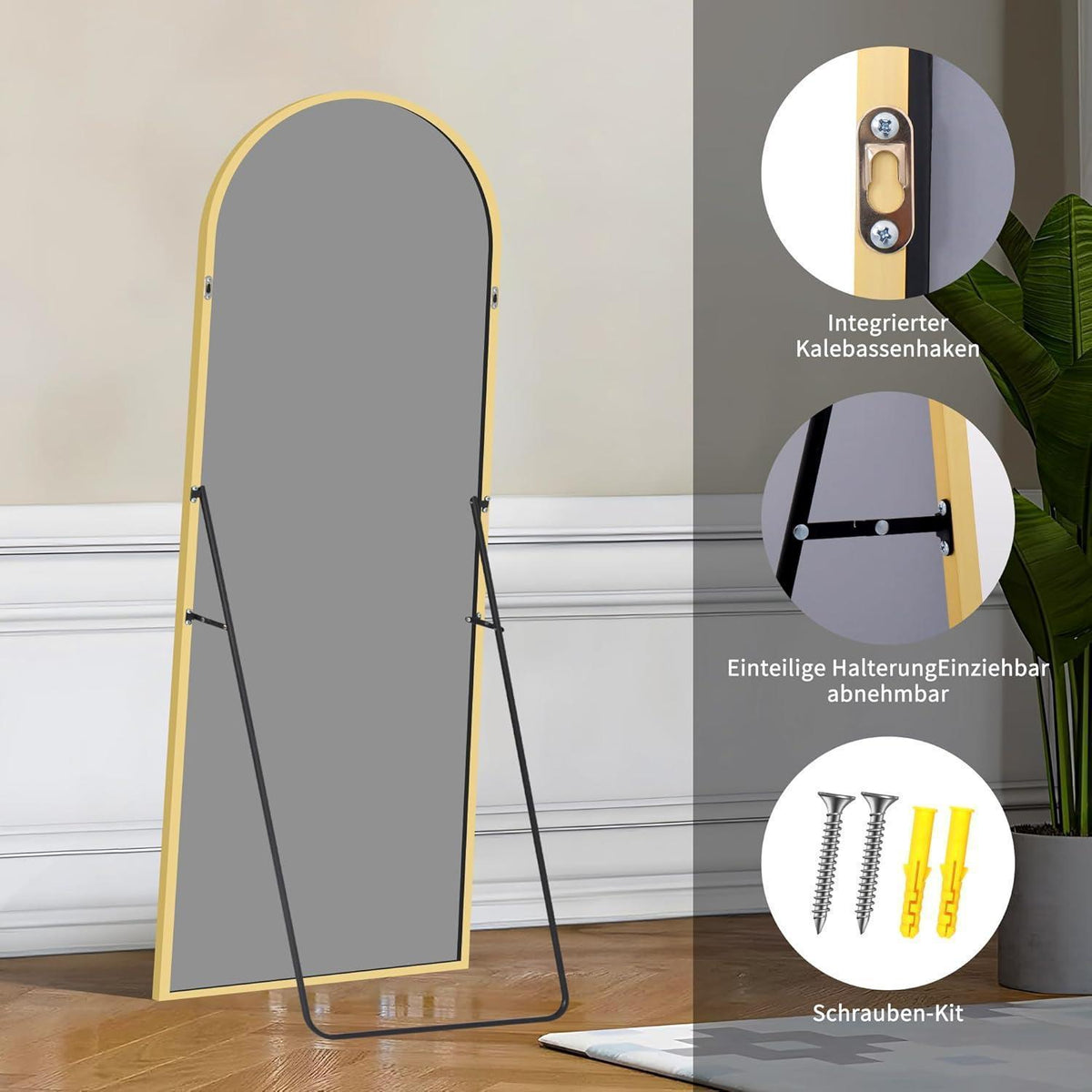 Großer Gewölbter Standspiegel mit Goldrahmen – 192x85 cm