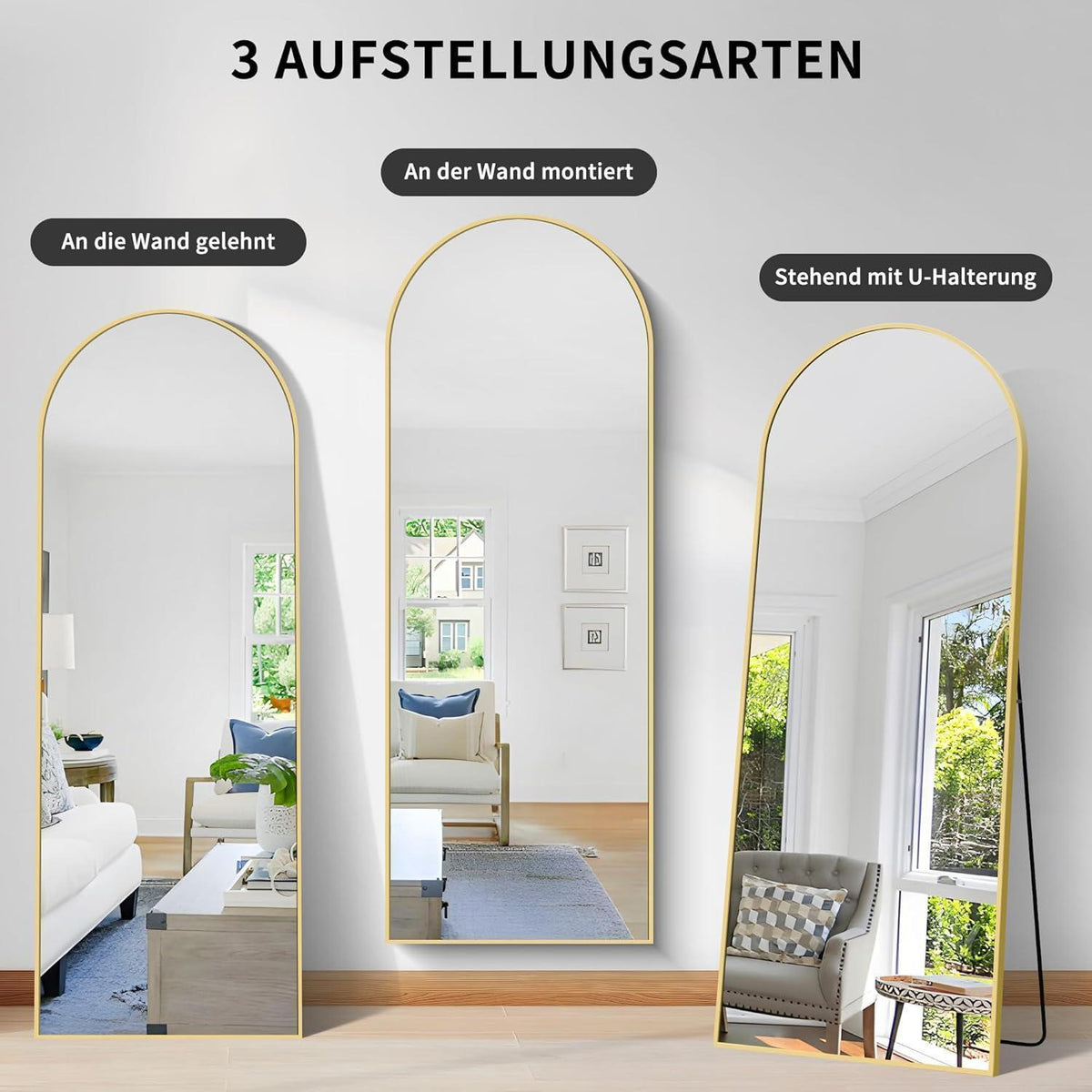 Großer Gewölbter Standspiegel mit Goldrahmen – 192x85 cm