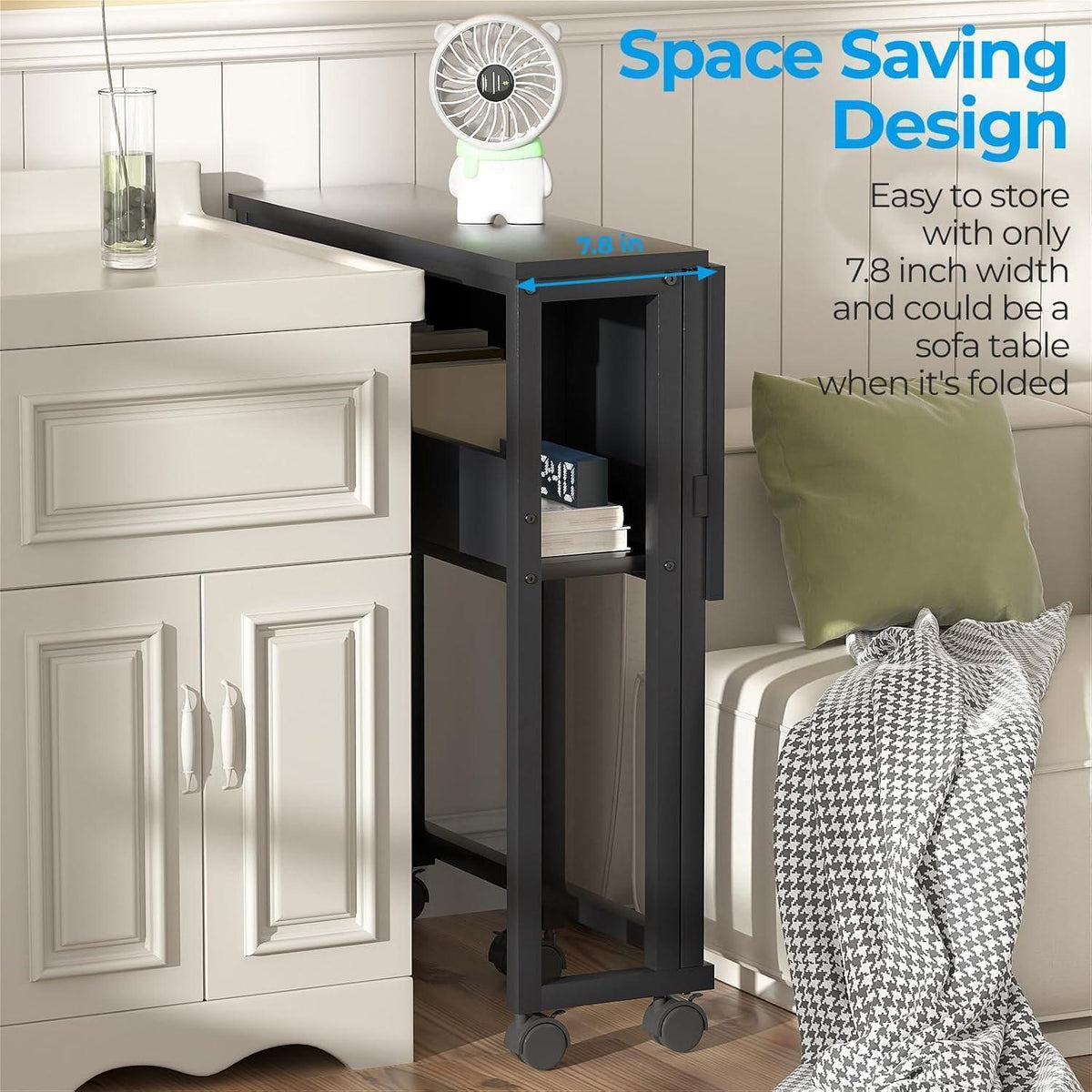 Klapptisch 80cm mit Rollen & Stauraum, Schwarz