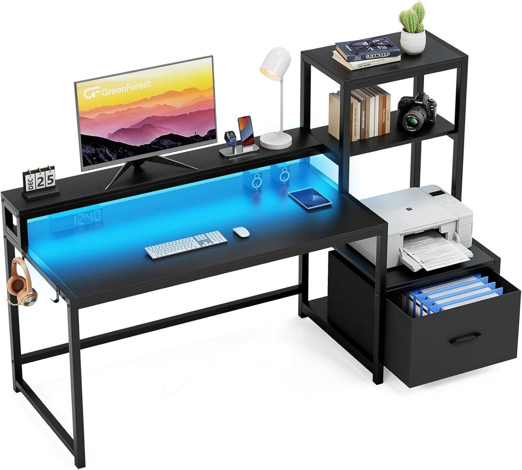 Computer Schreibtisch mit LED-Leuchten und Stauraum, 150 cm