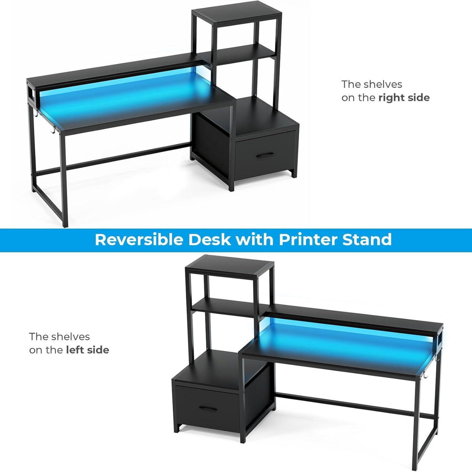 Computer Schreibtisch 150 cm mit LED-Leuchten und Schublade, Schwarz