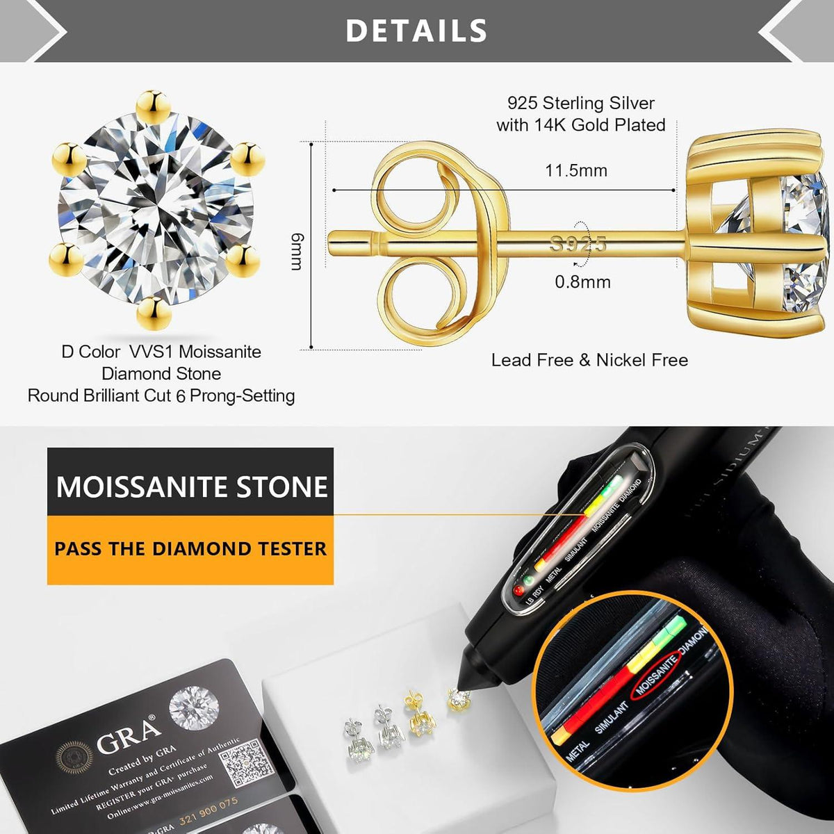 Moissanite Ohrringe Silber 925 Damen 2 Karat VVS1 D 14K Gold
