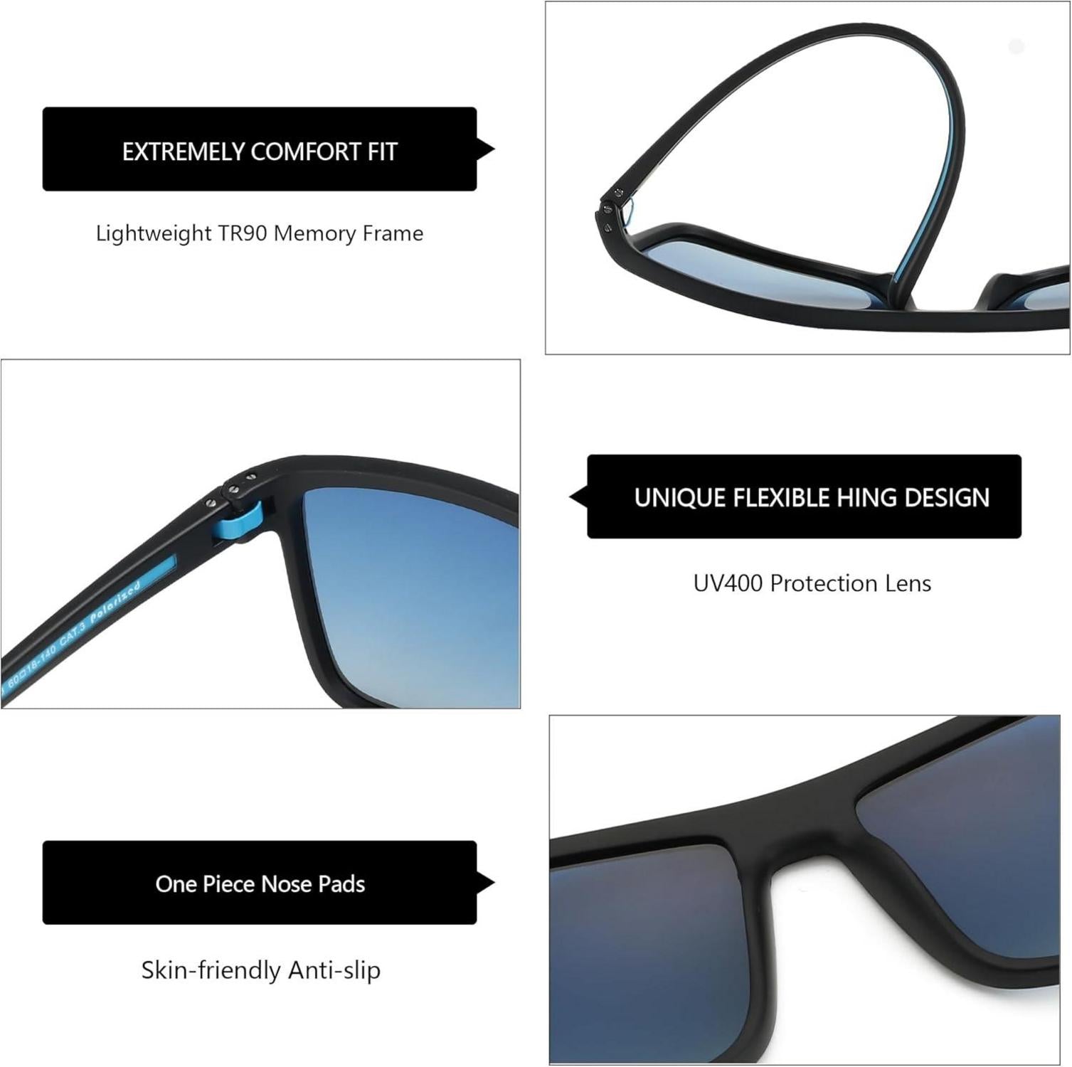 Polarisierte TR90 Sonnenbrille UV400 Herren Blau Schwarz