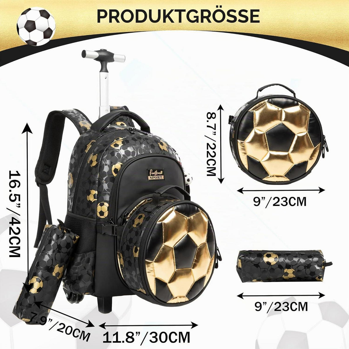 Schultrolley Rucksack mit Rollen – Kinderrucksack Schwarz Fußball