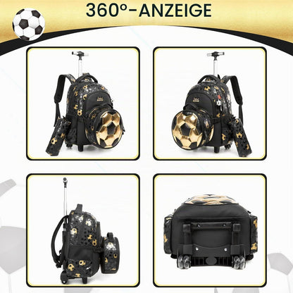 Schultrolley Rucksack mit Rollen – Kinderrucksack Schwarz Fußball