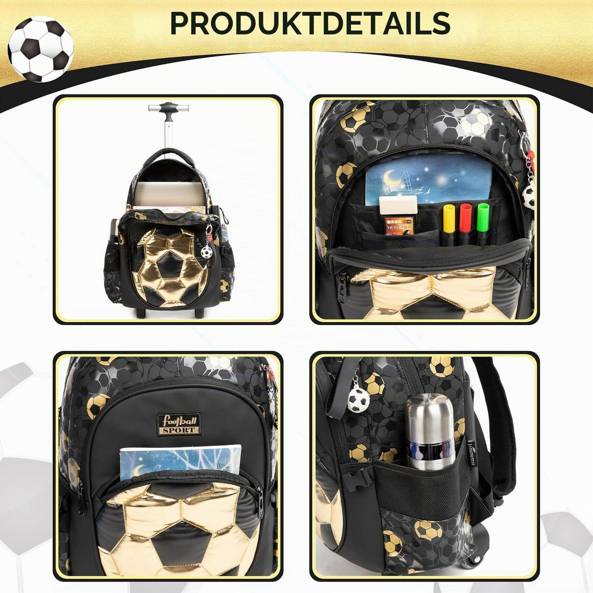 Schultrolley Rucksack mit Rollen – Kinderrucksack Schwarz Fußball