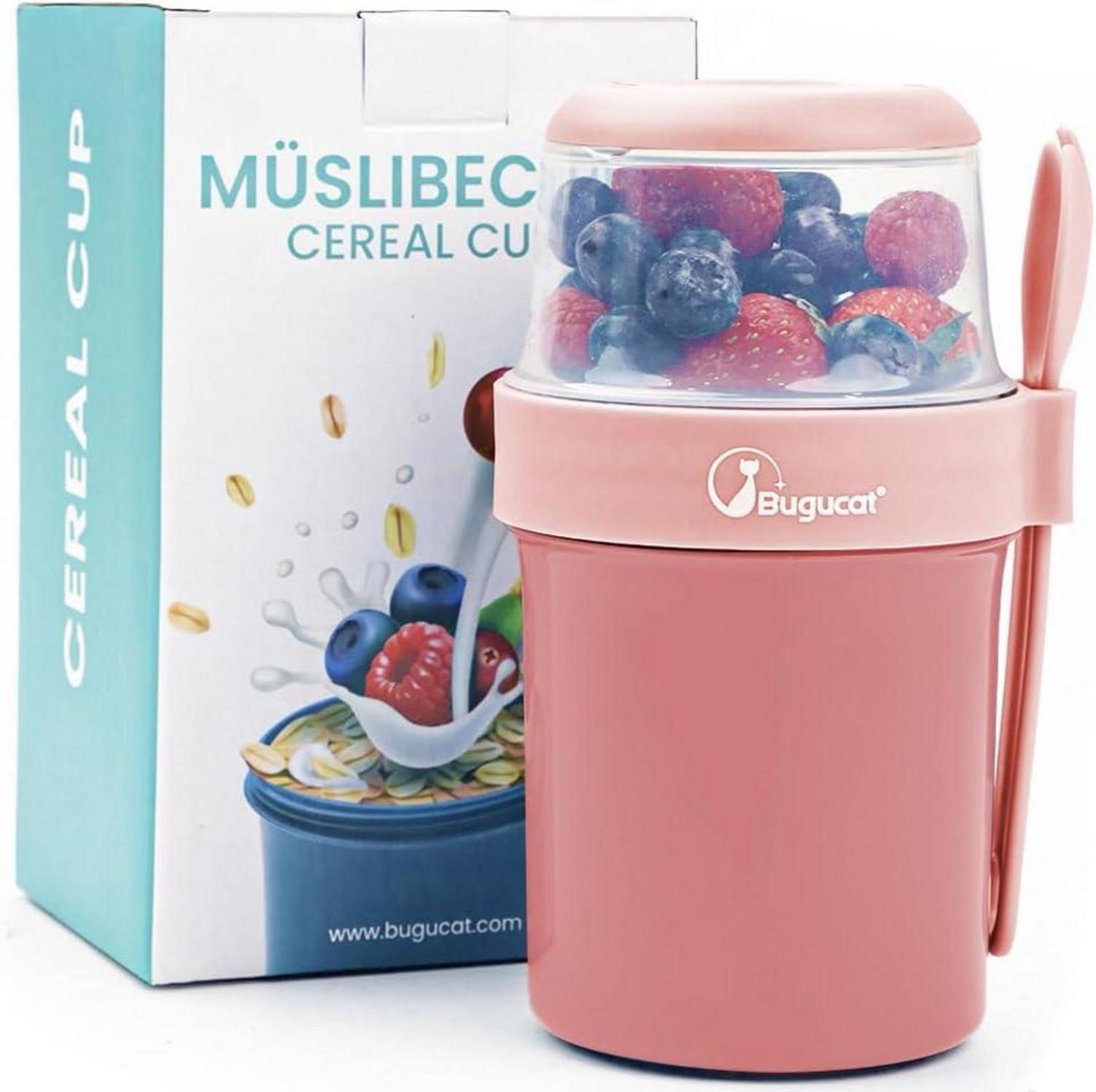 Bugucat Müslibecher to Go 2in1 Lunchpot mit Löffel - Rosa