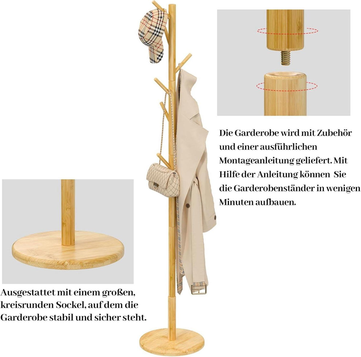 EXABANG Garderobenständer Holz 9 Haken 4 verstellbare Höhen Kleiderständer Taschenständer