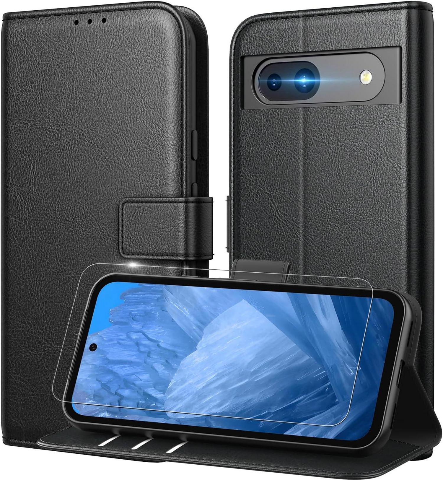 Schwarze PU Leder Klapphülle für Google Pixel 8A mit Panzer Schutz