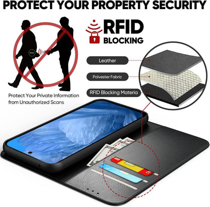 Handyhülle Google Pixel 8A Schwarz PU Leder RFID Schutz-Glas